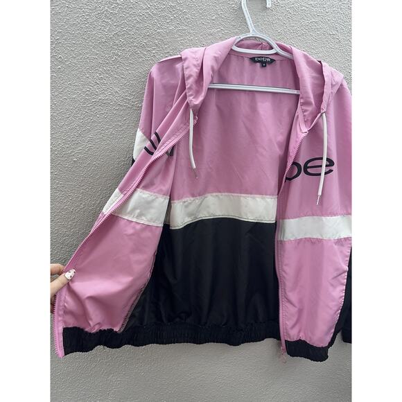 Bebe Womens Jacket Size Medium Pink Colorblock Zip Up Windbreaker Hooded - Picture 4 of 13